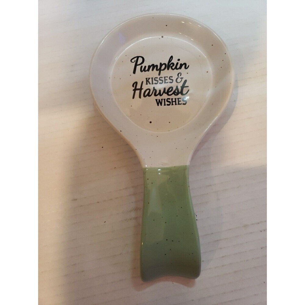 Stoneware Pumpkin Kisses Harvest Wishes Spoon Rest Fall Kitchen Green 5” x 9”